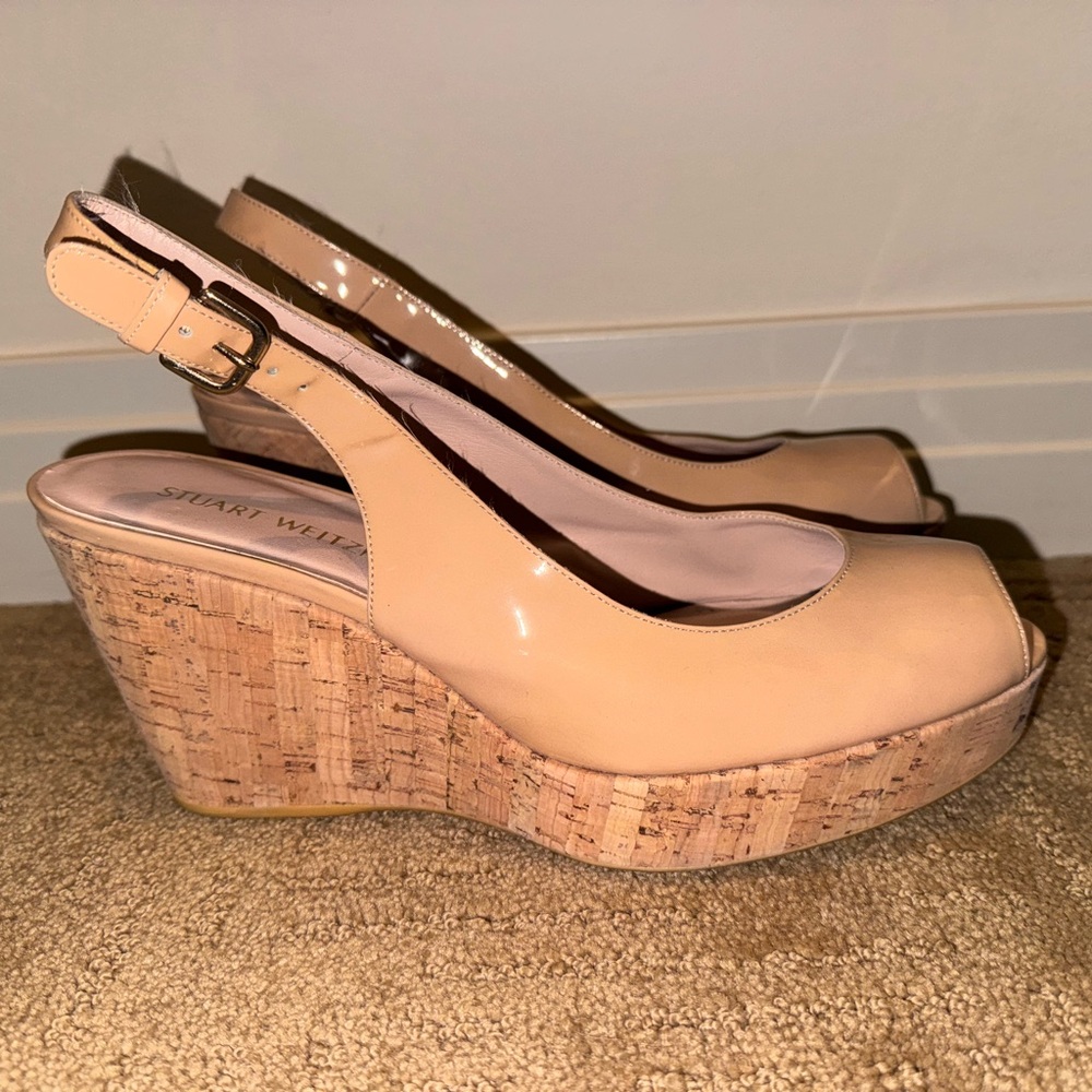 STUART WEITZMAN Tan/Beige Patent - CORK WEDGE Sling Back High Heels - Size 11 M